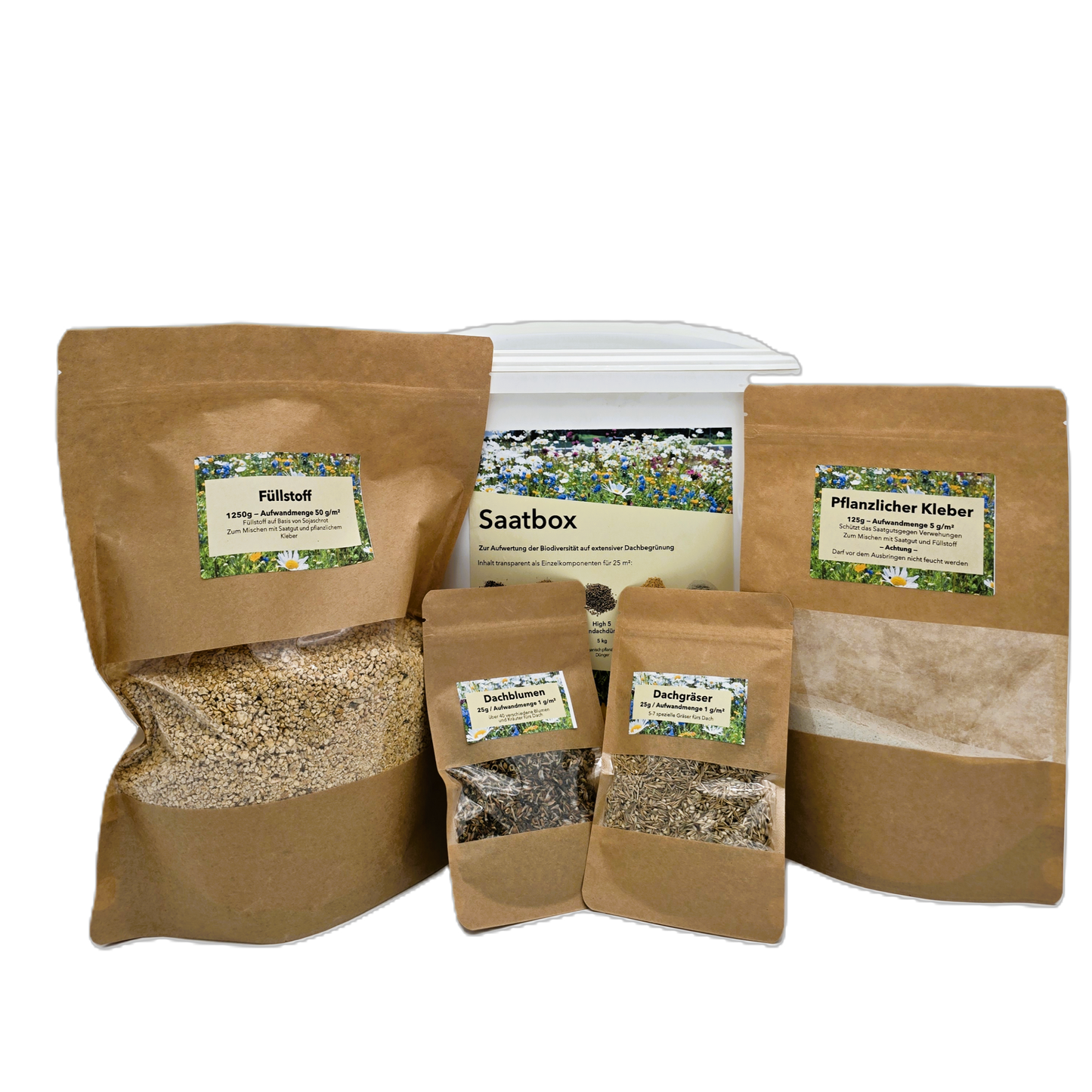 Saatbox ist das praktische Rundum-Paket für eine einfache und
erfolgreiche Dachbegrünung, für extensive Dachflächen, Dünger, Blumen- und Gräsersaatgutmischung mit pflanzlichem Klebstoff und Füllstoff zur leichteren Ausbringung