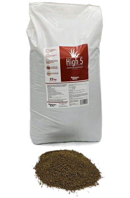 25 kg High 5 Gründachdünger Sackware, Beim Verlegen von SEMA Vegetationsmatten 200 g/m² vor dem
Verlegen auf die Speicherschicht
Eine Düngung pro Jahr mit 200 g/m² im März oder zwei Düngungen pro
Jahr mit je 100 g/m² im März und September