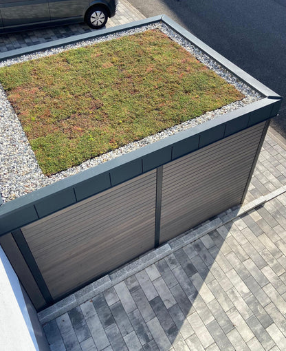 fertige Sema Boxen auf Fahrradhaus mit Kiesstreifen, schnell auf das Dach und einfach verlegt