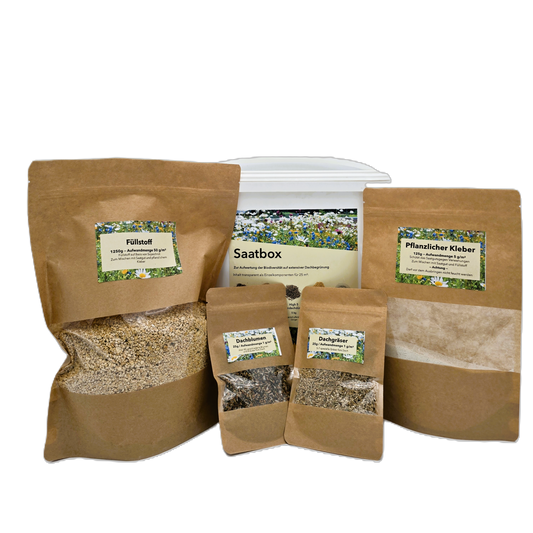 Saatbox ist das praktische Rundum-Paket für eine einfache und
erfolgreiche Dachbegrünung, für extensive Dachflächen, Dünger, Blumen- und Gräsersaatgutmischung mit pflanzlichem Klebstoff und Füllstoff zur leichteren Ausbringung